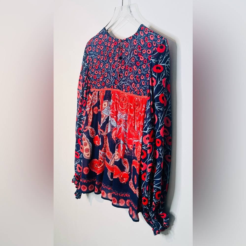 Anthro BLNK Miranda Peasant Red Blue Print Blouse Shirt Top - Picture 8 of 15